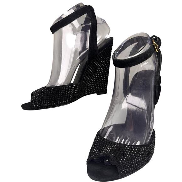 Tory Burch Black Suede Crystal Embellishments Wedge Sandals Sz 7 M Glam Mob Wife - Picture 16 of 16